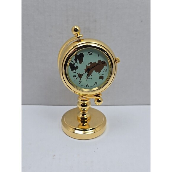 Miniature Gold World Map Desk Clock Quartz Japan Movt New Battery Working Gimbal - Picture 1 of 8